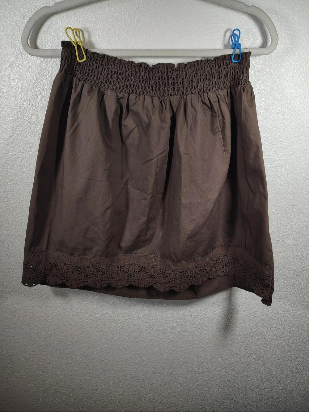 Womens L Brown Eyelet Floral Short Skirt Pure Energy Brand Cotton Boho Cottage